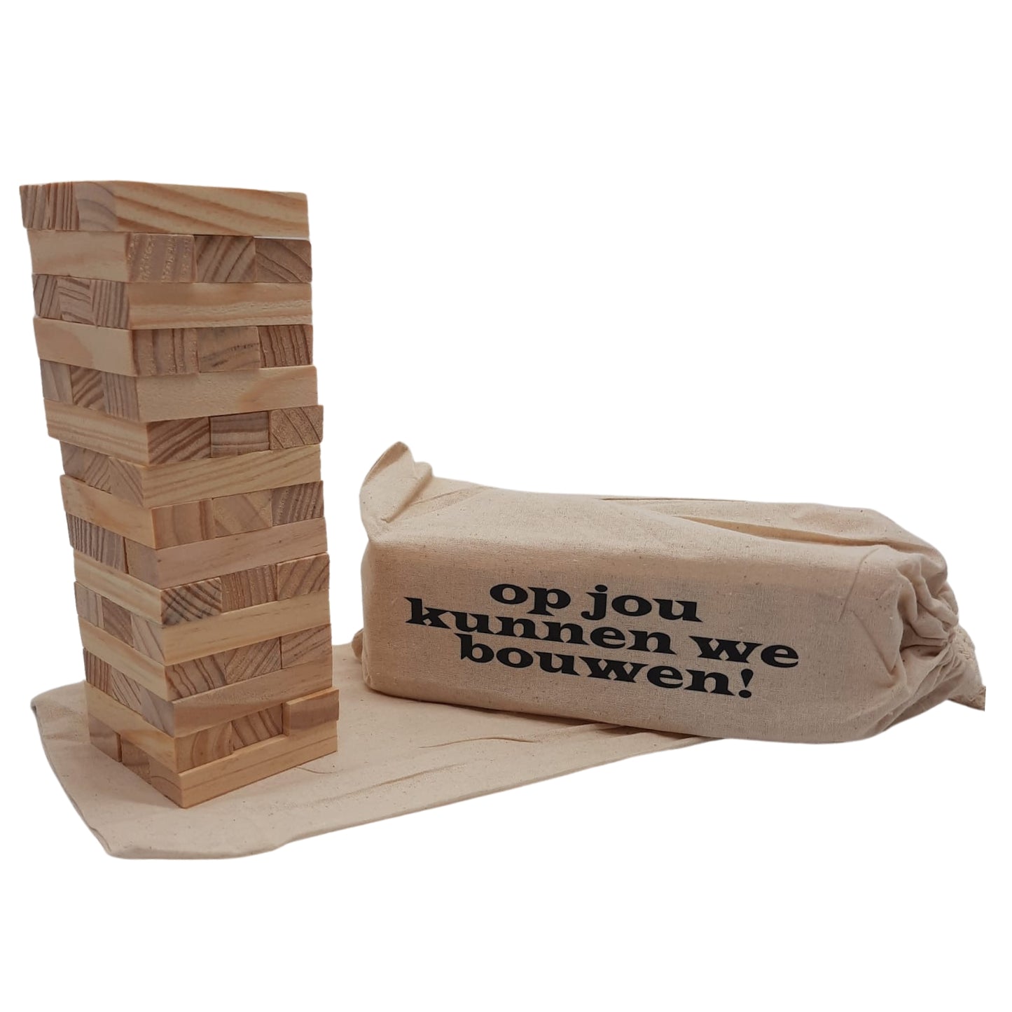 jenga spel met tekst bouwen