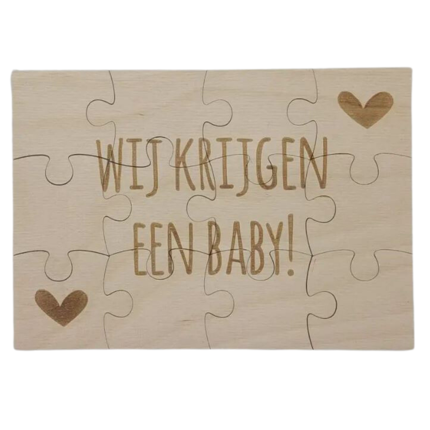 een houten puzzel voor een zwangerschapsaankondiging met de tekst 'wij krijgen een baby!'